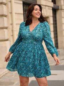 SHEIN Frenchy Hơn In Toàn bộ Tay áo lồng đèn Đầm - Nhiều màu - Xem 5