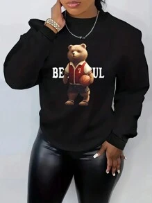 SHEIN EZwear 大尺碼卡通熊和字母印花落肩運動衫 - 黑色 - 查看 1