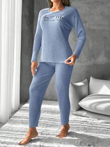 EURMUSE Women's Letter Print Ribbed Knit Lounge Wear Set - Dusty Blue - View 4