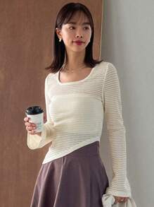 FRIFUL Áo thun nữ tay dài viền bất đối xứng - Màu be - Xem 6