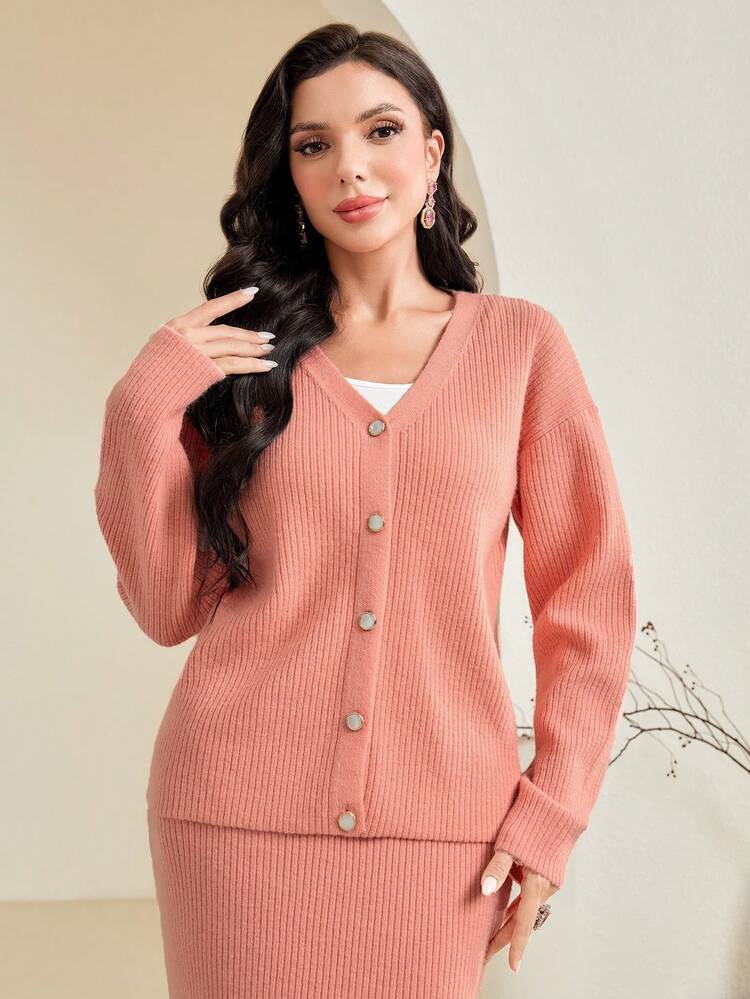 Women'S Solid Color Drop Shoulder Sweater & Skirt Set