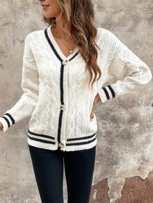 SHEIN Frenchy 女性開襟條紋拼接針織開衫 - 黑與白 - 查看 6