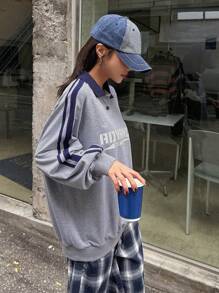 DAZY 字母图案撞色侧缝插肩袖高领套头衫，秋季服装运动衫 - 灰色 - 查看 3