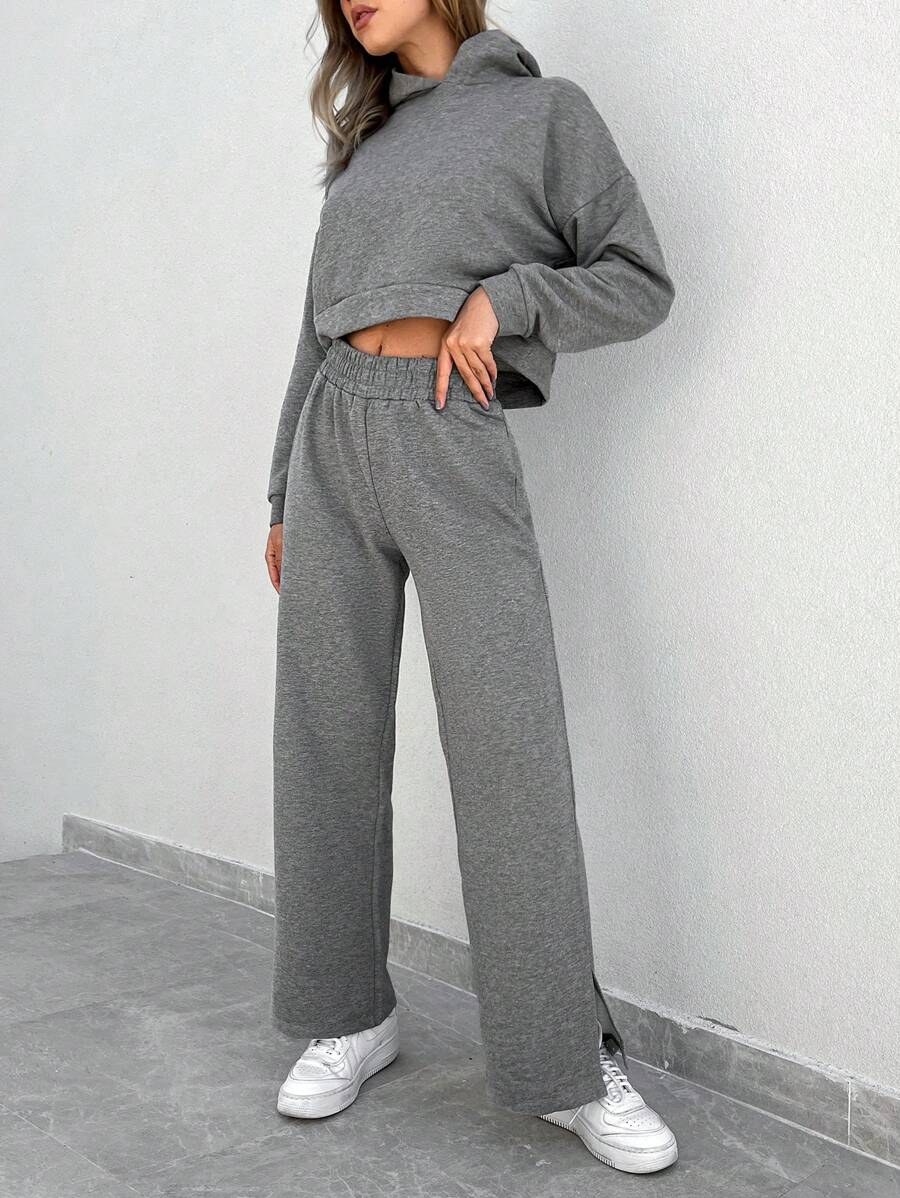 RueChic Drop Shoulder Crop Hoodie & Split Hem Pants - Grey - View 1