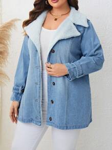 EMERY ROSE Plus Contrast Collar Fuzzy Lined Denim Jacket, For Winter - Light Wash - View 1