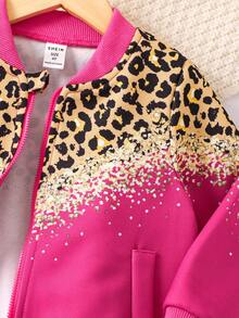 SHEIN Cô Gái Trẻ In hoa Báo Dây kéo Áo khoác bomber - Hồng - Xem 9