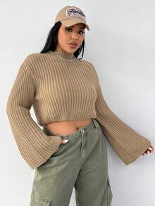 SHEIN EZwear 大碼小高領喇叭袖套頭毛衣 - 卡其色 - 查看 5