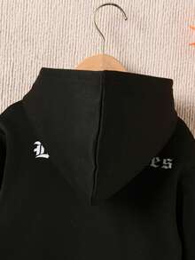 SHEIN Áo nỉ trẻ em trai in chữ, có túi kangaroo. - màu đen - Xem 3