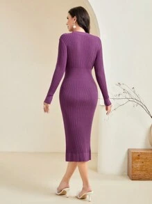 Modelyn Button Front Ribbed Knit Sweater Dress - Purple - View 2