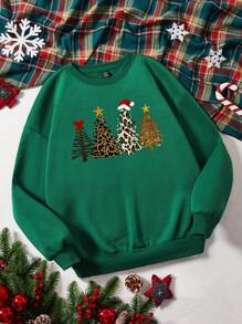 SHEIN LUNE Sudadera con estampado de Navidad de hombros caídos - Verde Oscuro - Ver 1