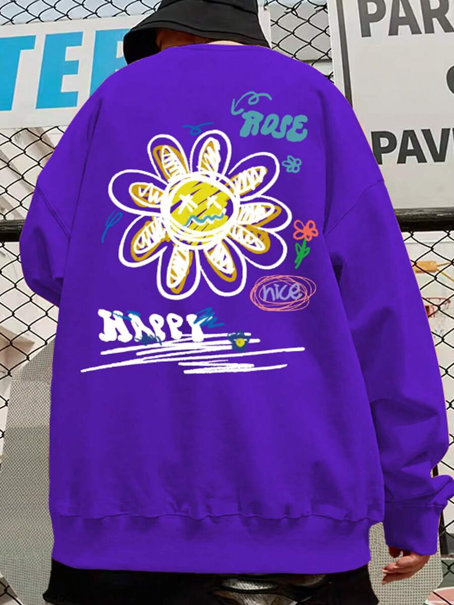 Manfinity Hypemode Men's Loose Fit Cartoon & Letter Print Drop Shoulder Sweatshirt - Purple - View 1