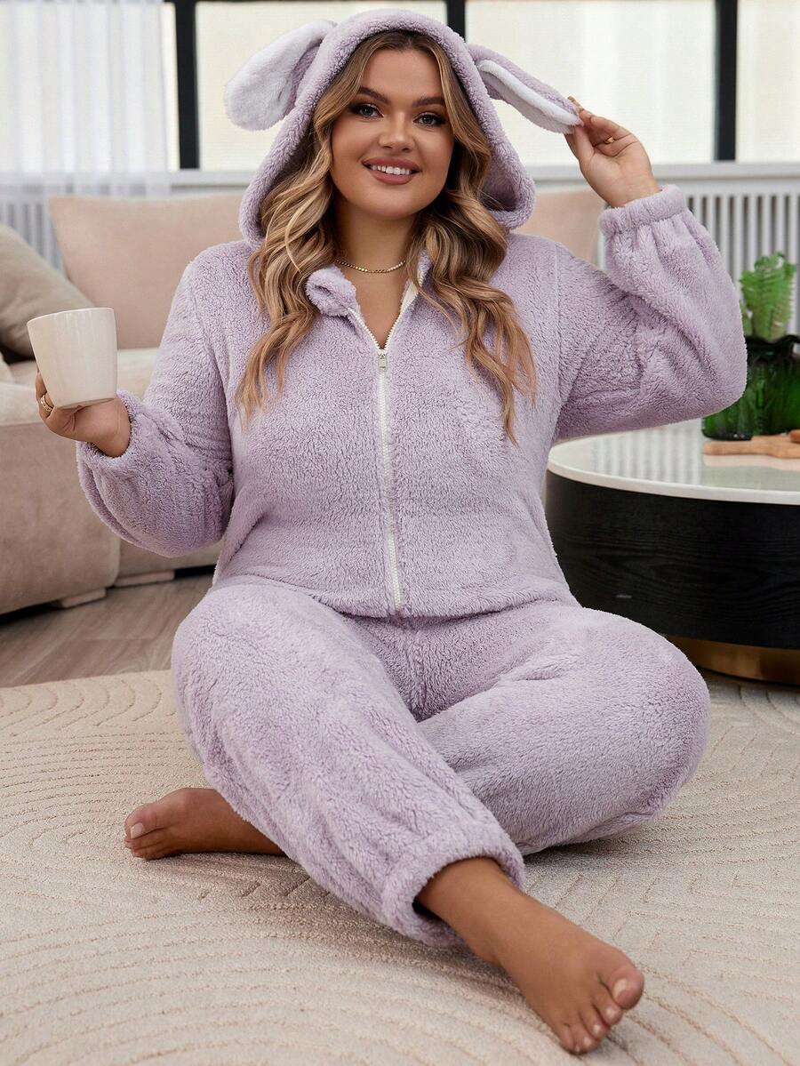 女士加大號3d兔耳朵連帽柔軟睡衣連體褲,帶拉鍊前開口 - 淡紫色 - 查看 1