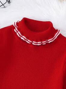 SHEIN Tween Girl Ruffle Striped Trim Flounce Sleeve Mock Neck Sweater Dress - Red - View 5