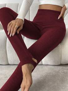 SHEIN ChicEase 女式宽腰带保暖内衬紧身裤 - 酒紅色 - 查看 6