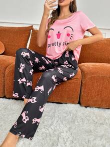 Women's Cartoon Letter Print Pajama Set - Pink - View 3