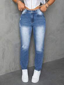 SHEIN ICON 高腰破洞直筒牛仔褲 - 淺色水洗藍 - 查看 3