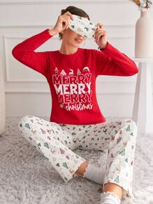 EURMUSE Christmas Print Tee & Pants PJ Set - Red and White - View 1