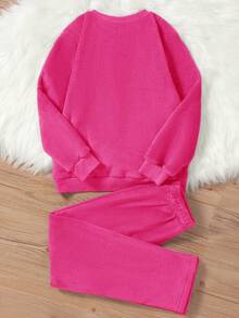 SHEIN 女童彩虹和心形圖案法蘭絨連帽衫和褲子套裝 - 玫紅色 - 查看 2