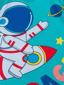 Young Boy Astronaut & Letter Graphic Raglan Sleeve One Piece Swimsuit - Green - View 3