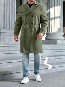 Manfinity VCAY Men Plus Double Breasted Belted Trench Coat - Army Green - View 3