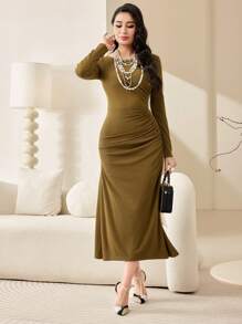 Modelyn 女裝純色百褶裙連身裙 - 綠色 - 查看 3
