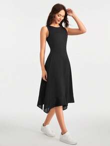 SHEIN Tennis Casual 后背镂空不对称下摆运动连衣裙 - 黑色 - 查看 5