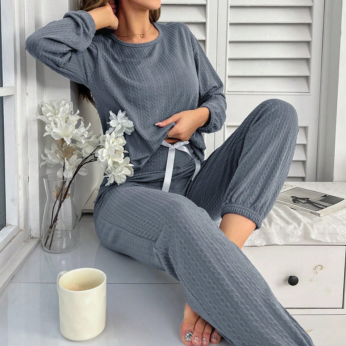 Conjunto de pantalón largo y top de manga larga de unicolor con jacquard, ropa de otoño e invierno cómoda y elegante