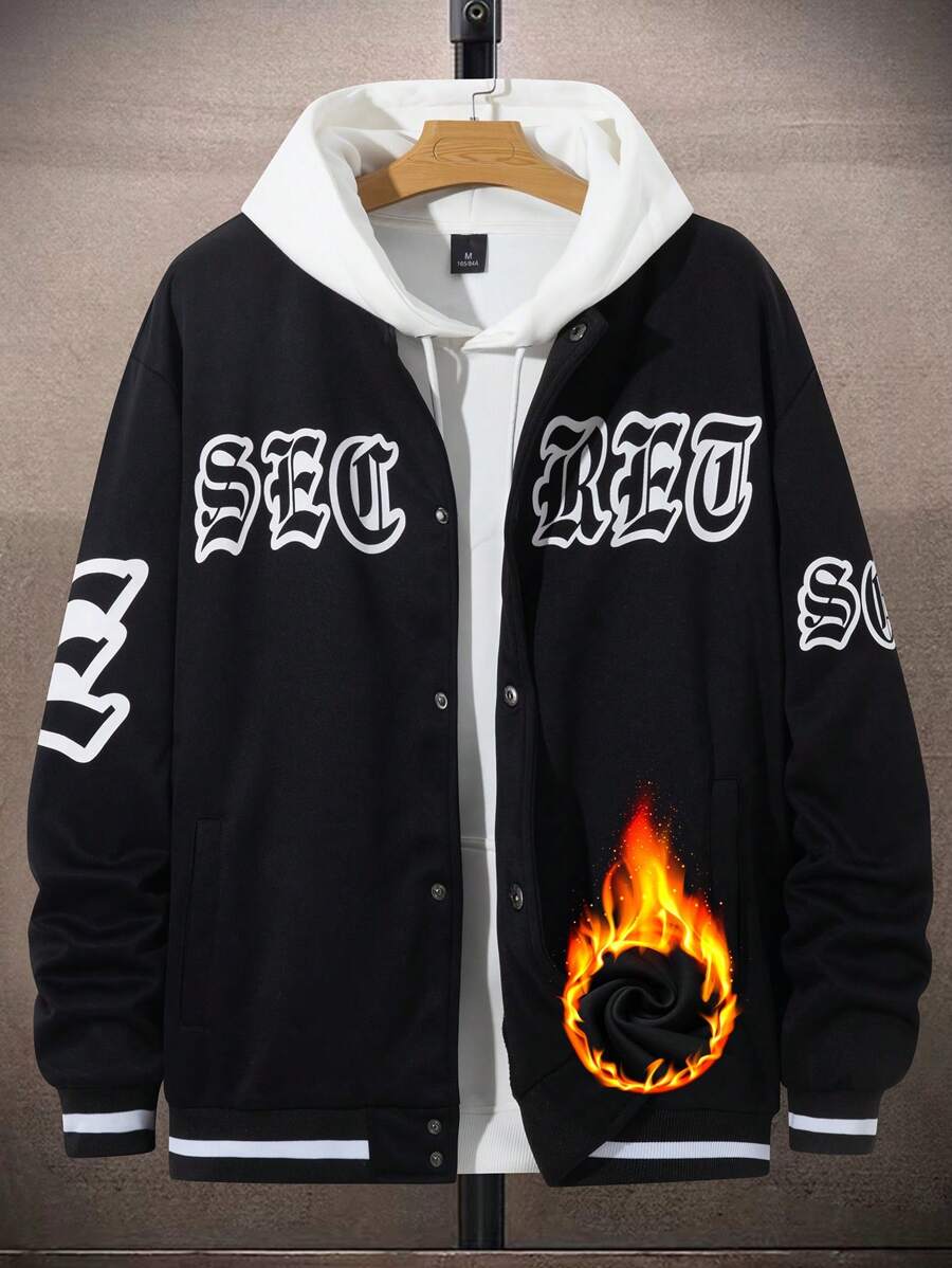 Manfinity Homme 男士寬鬆字母和圖形印花飛行外套,帶有條紋裝飾 - 黑色 - 查看 1