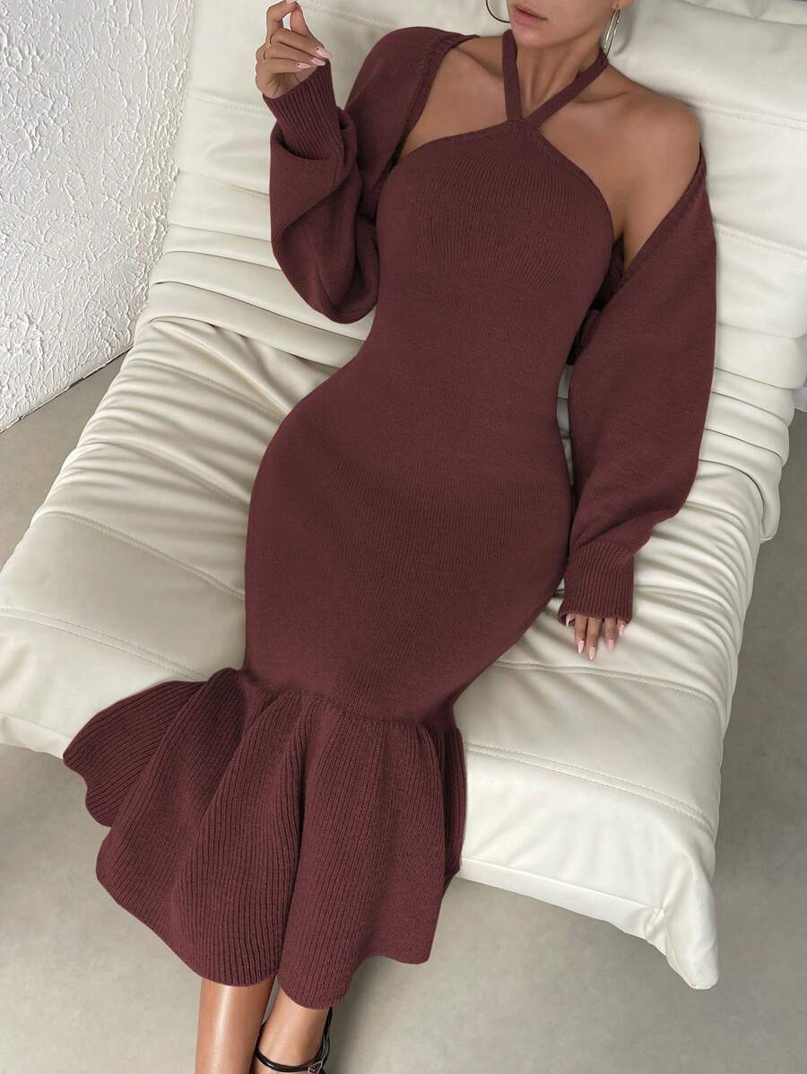 Chiquease Mermaid Style Hem Halter Neck Sweater Dress And Cardigan - Burgundy - View 1