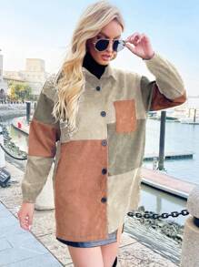 SHEIN Frenchy Colorblock Drop Shoulder Flap Pocket Corduroy Coat - Apricot - View 4