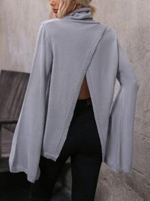 SHEIN LUNE Áo len cổ lọ tay loe kiểu quấn sau, chất liệu dệt kim, thích hợp cho mùa thu đông. - Màu Xám nhạt - Xem 5