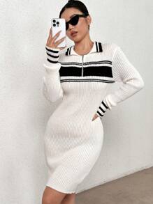 Lunelith SHEIN Lunessa Striped Pattern Quarter Zip Sweater Dress