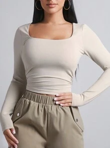 SHEIN PETITE 方领侧边褶皱露脐春季女式T恤 - 米色 - 查看 4