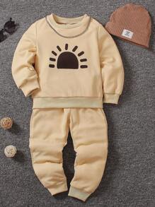 SHEIN Young Boy Sun Print Sweatshirt & Sweatpants - Khaki - View 1