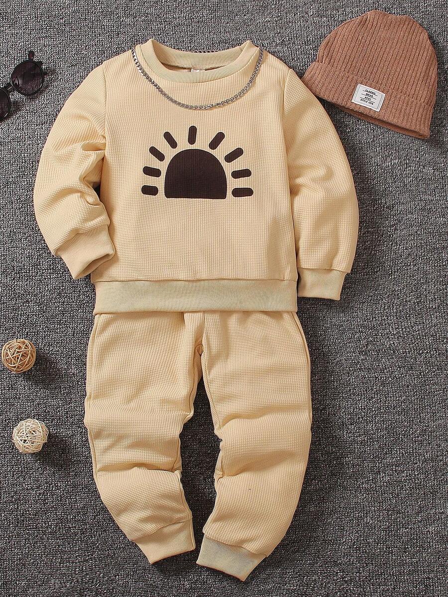 SHEIN Young Boy Sun Print Sweatshirt & Sweatpants - Khaki - View 1