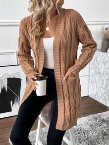 EMERY ROSE Twisted Knitted Cardigan With Pockets - Khaki - View 6