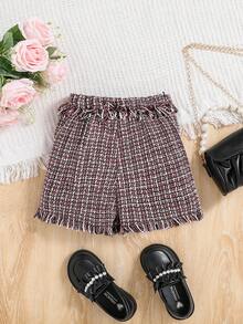 女小童格紋圖案毛邊緣圍裹裙裤 - 黑色 - 查看 2