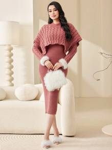 Modelyn Fuzzy Cuff Cable Knit Cape Sweater Dress - Dusty Pink - View 3