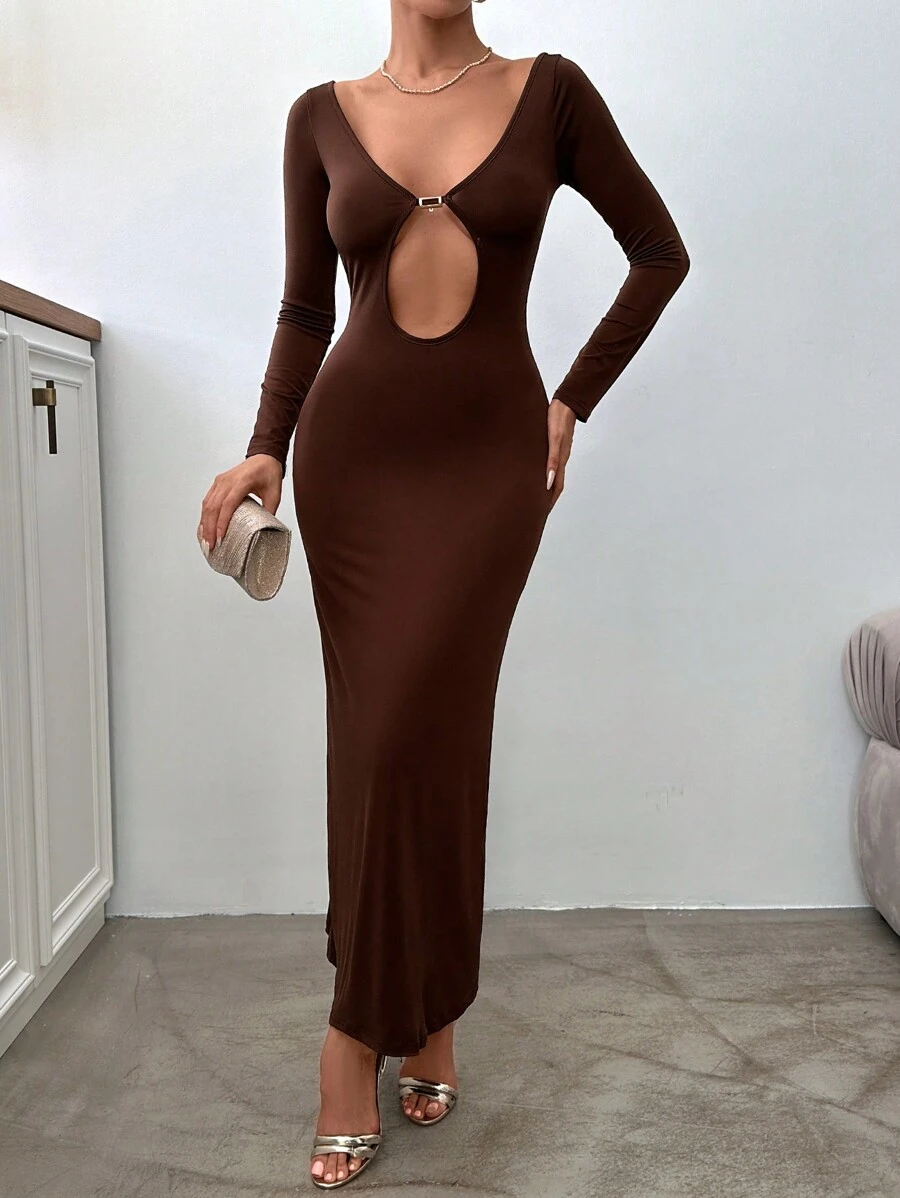 RueChic Cut Out Front Bodycon Dress - Coffee - View 1