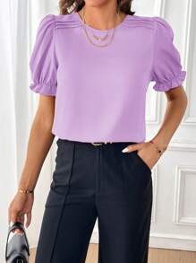 SHEIN Essnce Blusa de manga abullonada sólida, blusas de manga corta