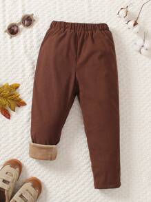 SHEIN Genkimix Kids Young Boy Street Style Thermal Lined Slim Fit Casual Warm Pants, Winter - Brown - View 1