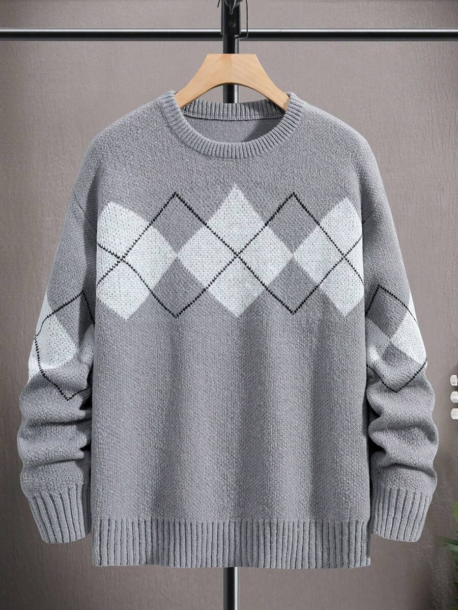 Manfinity Nam Họa tiết Argyle Thả vai Áo len - Màu Xám nhạt - Xem 1