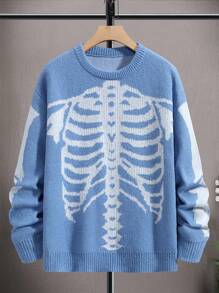 Manfinity EMRG 男士骷髏骷髏圖案落肩袖套頭毛衣 - 藍色 - 查看 1