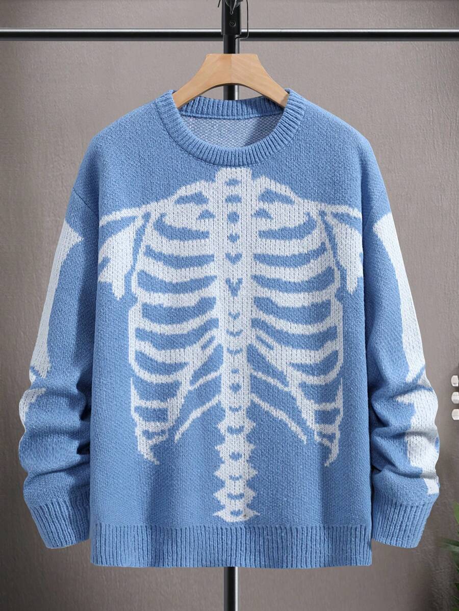 Manfinity EMRG Jersey de hombres de cráneo con patrón de esqueleto de hombros caídos - Azul - Ver 1