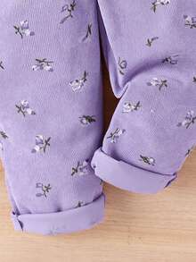 Young Girl Ruffle Trim Tee & Ditsy Floral Print Overall Jumpsuit - Purple - View 6