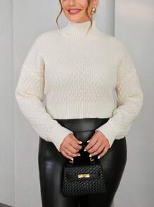 SHEIN Privé Của phụ nữ Kích thước lớn Đứng cổ áo Trở lại Xu hướng: Cắt giảm Thanh lịch Áo len - Màu be - Xem 4