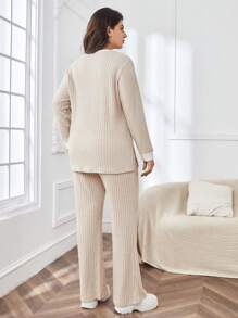 SHEIN Essnce Plus Contrast Trim Tee & Pants - Apricot - View 2