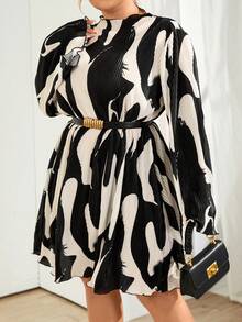 SHEIN Privé Hơn In Toàn bộ tay áo lá sen Plisse Đầm Không có thắt lưng - Nhiều màu - Xem 5