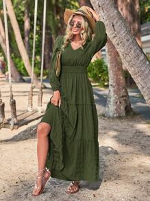 SHEIN LUNE Sólido Bainha Com Babado Vestido Linha A - Verde Militar - Visão 4