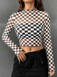 SHEIN EZwear Checker Print Lettuce Trim Crop Top Without Bra - Black and White - View 1